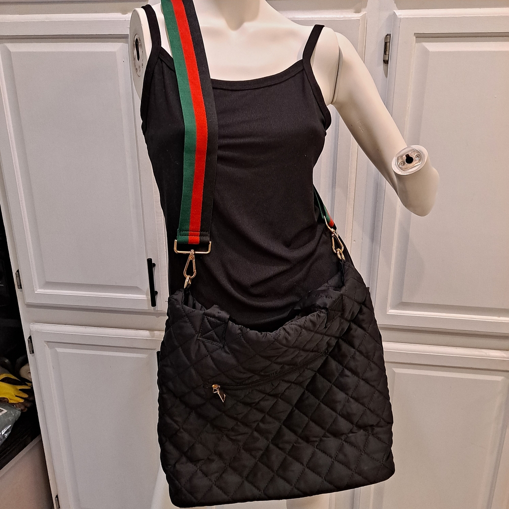 Ah.dorned Elegant Black Quilted Shoulder Bag with Multicolor Straps